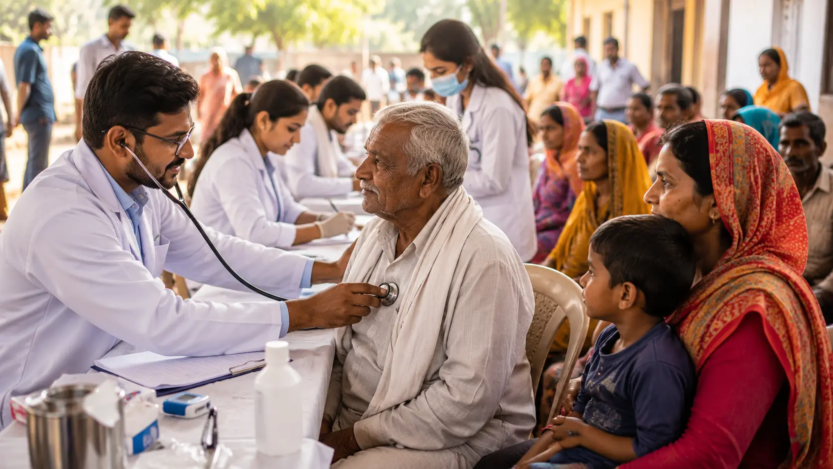 Doctor checking elderly patient at a rural medical camp