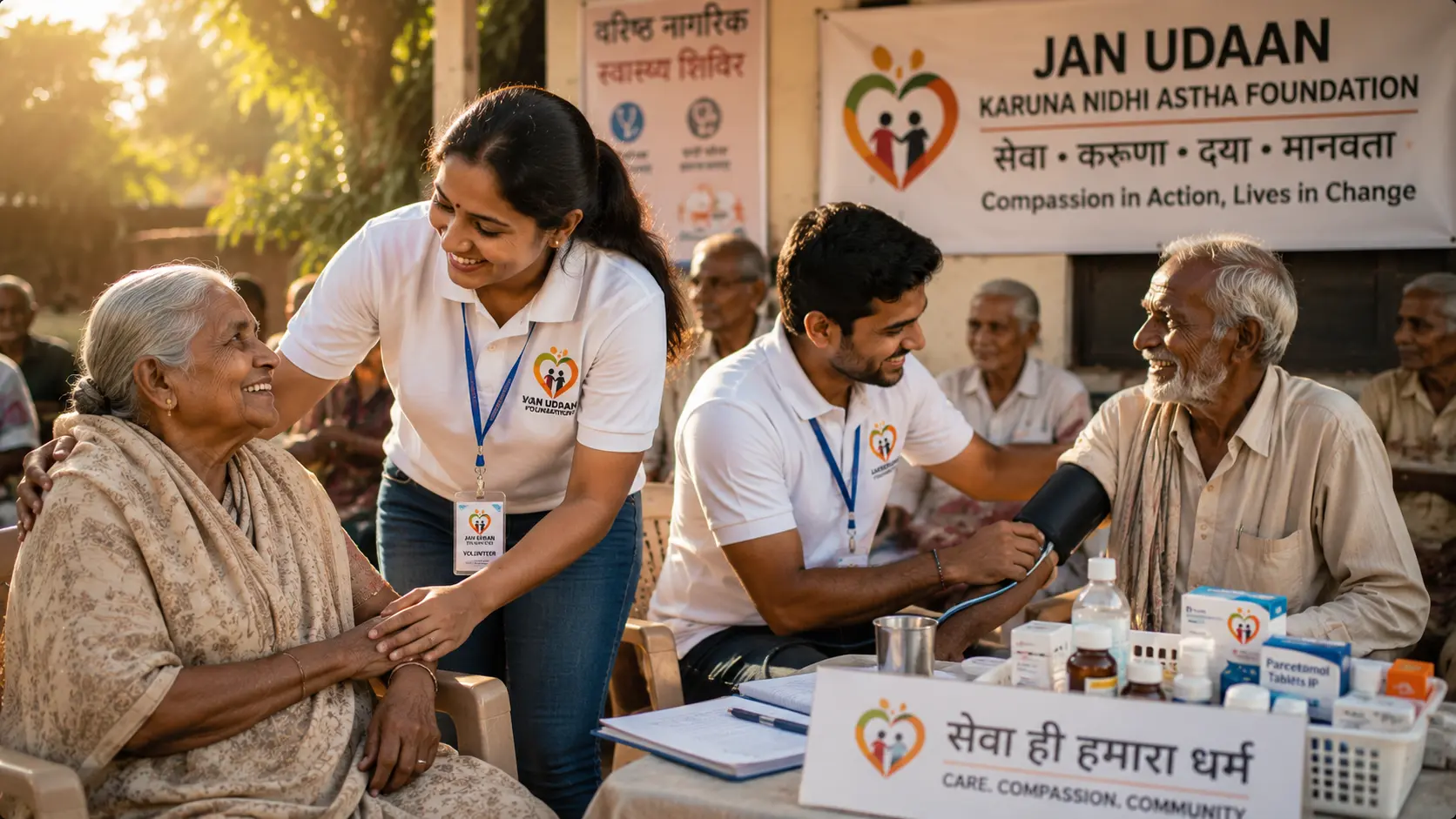 Volunteers supporting elderly with health checkups